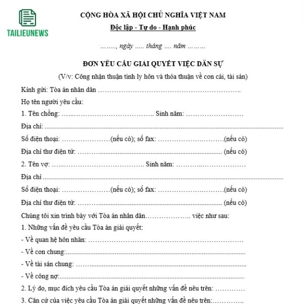 Tải Mẫu Đơn Xin Ly Hôn Đồng Tình/Đơn Phương Chuẩn Tòa Án don ly hon thuan tinh