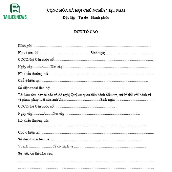 Tải Miễn Phí Mẫu Đơn Tố Cáo File Word Chuẩn Pháp Lý don to cao 7