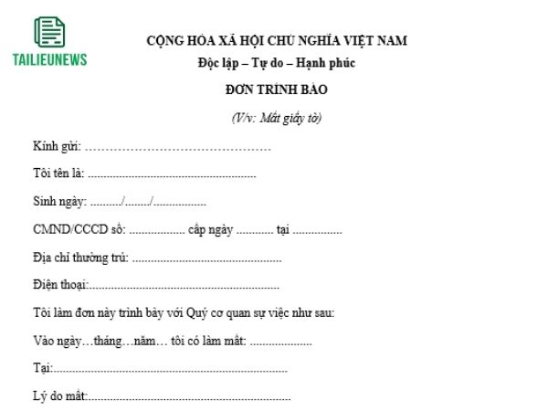 Tải Mẫu Đơn Trình Báo Mất Giấy Tờ Tùy Thân, Hộ Chiếu, Sổ Đỏ Mới Nhất đơn trình báo mất giấy tờ