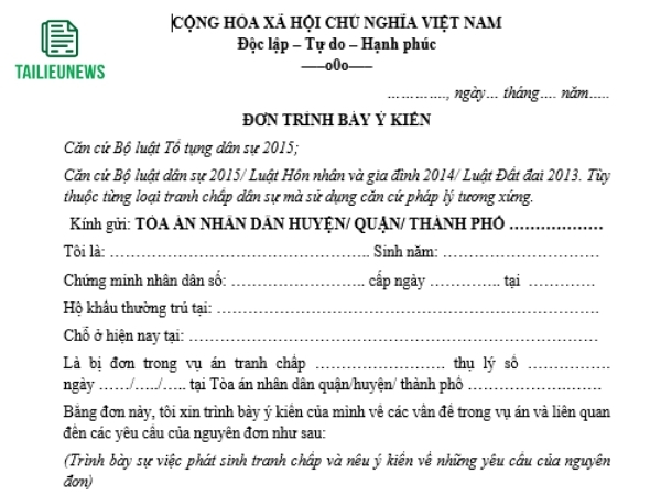 Tải Mẫu Đơn Trình Bày Ý Kiến Cho Nguyên Đơn, Bị Đơn Mới Nhất đơn trình bày ý kiến