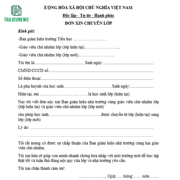 Tải Mẫu Đơn Xin Chuyển Lớp Học Cho Học Sinh, Sinh Viên Mới Nhất don xin chuyen lop 2