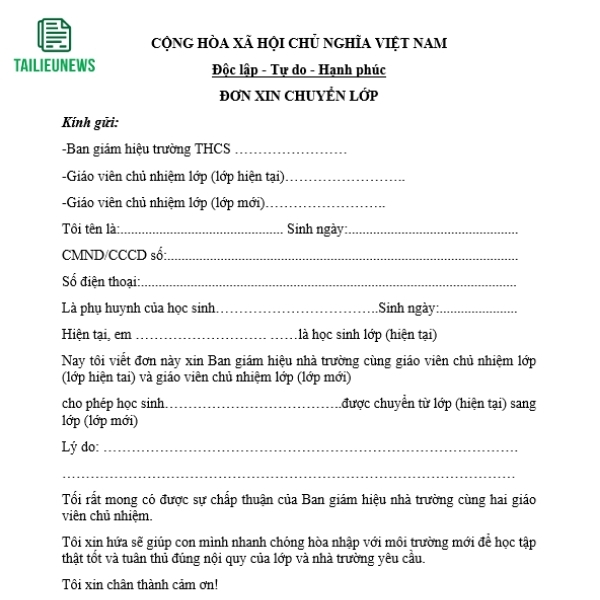 Tải Mẫu Đơn Xin Chuyển Lớp Học Cho Học Sinh, Sinh Viên Mới Nhất don xin chuyen lop 3