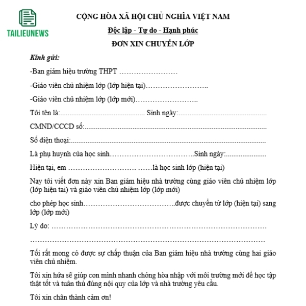 Tải Mẫu Đơn Xin Chuyển Lớp Học Cho Học Sinh, Sinh Viên Mới Nhất don xin chuyen lop 4