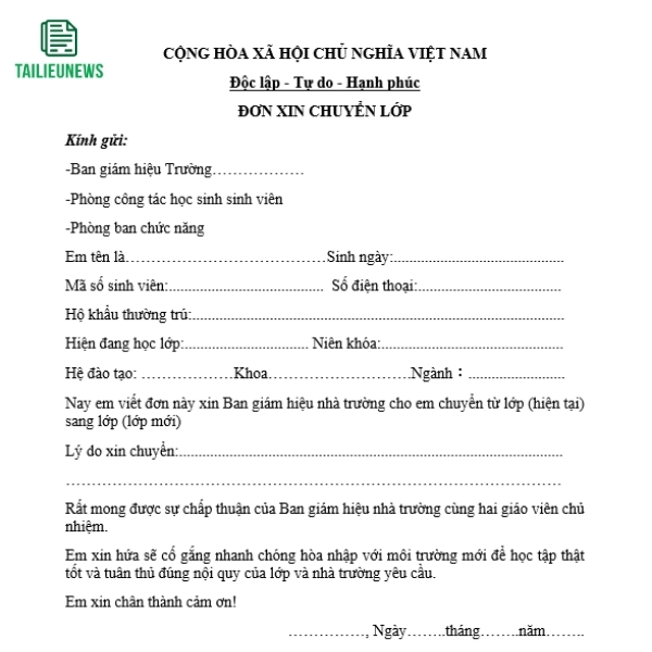 Tải Mẫu Đơn Xin Chuyển Lớp Học Cho Học Sinh, Sinh Viên Mới Nhất don xin chuyen lop 5