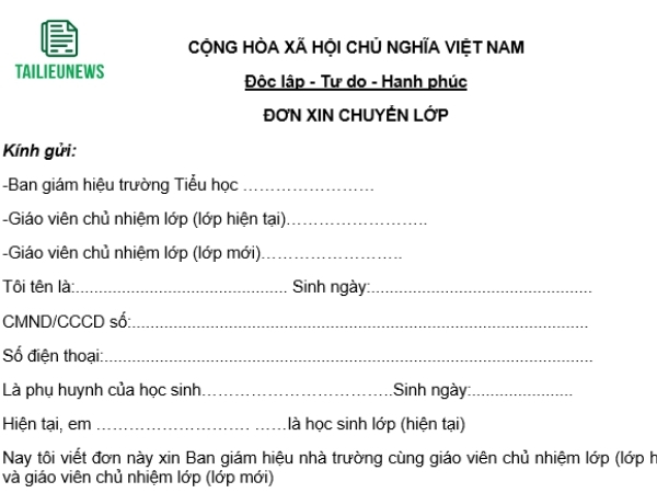 Tải Mẫu Đơn Xin Chuyển Lớp Học Cho Học Sinh, Sinh Viên Mới Nhất đơn xin chuyển lớp học