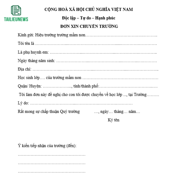 Tải Mẫu Đơn Xin Chuyển Trường Mầm Non, Tiểu Học, THCS, THPT Mới Nhất don xin chuyen truong 3