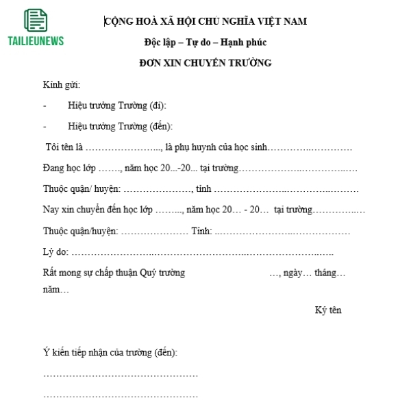 Tải Mẫu Đơn Xin Chuyển Trường Mầm Non, Tiểu Học, THCS, THPT Mới Nhất don xin chuyen truong 4