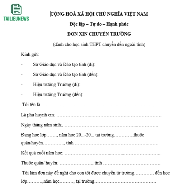 Tải Mẫu Đơn Xin Chuyển Trường Mầm Non, Tiểu Học, THCS, THPT Mới Nhất don xin chuyen truong 5