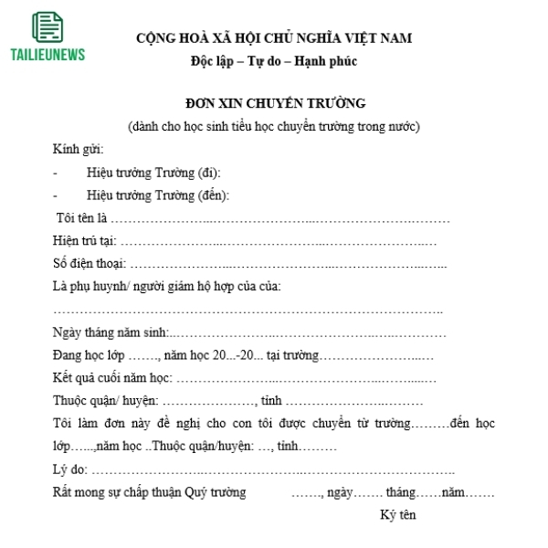 Tải Mẫu Đơn Xin Chuyển Trường Mầm Non, Tiểu Học, THCS, THPT Mới Nhất don xin chuyen truong 6