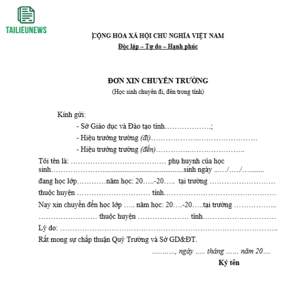 Tải Mẫu Đơn Xin Chuyển Trường Mầm Non, Tiểu Học, THCS, THPT Mới Nhất don xin chuyen truong 7