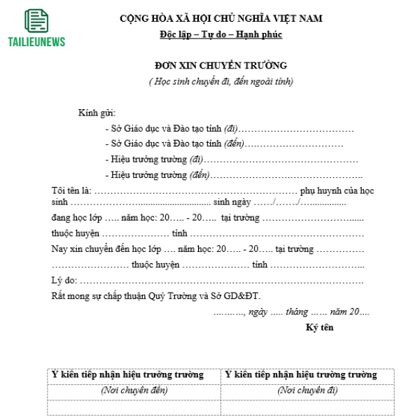Tải Mẫu Đơn Xin Chuyển Trường Mầm Non, Tiểu Học, THCS, THPT Mới Nhất don xin chuyen truong 8