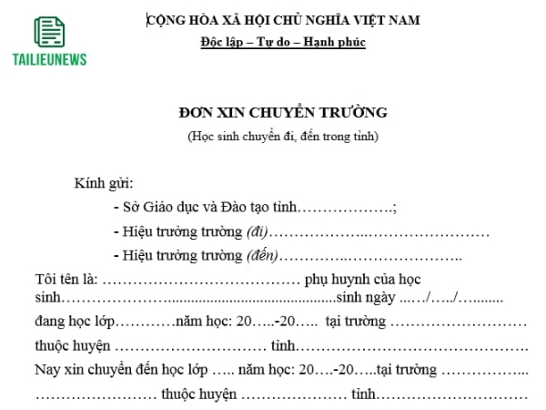 Tải Mẫu Đơn Xin Chuyển Trường Mầm Non, Tiểu Học, THCS, THPT Mới Nhất đơn xin chuyển trường