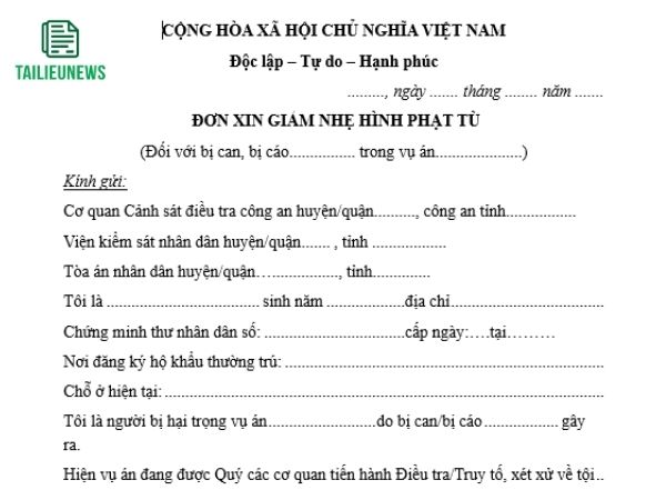 Download Mẫu Đơn Xin Giảm Nhẹ Hình Phạt Cho Bị Can, Bị Cáo Mới Nhất đơn xin giảm nhẹ hình phạt