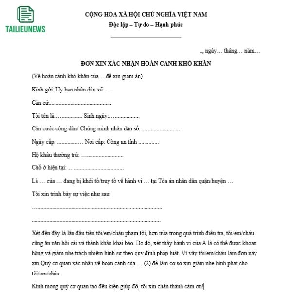 Tải Mẫu Đơn Xin Xác Nhận Hoàn Cảnh Khó Khăn Cho HSSV, Vay Vốn, Giảm Án don xin hoan canh kho khan 4