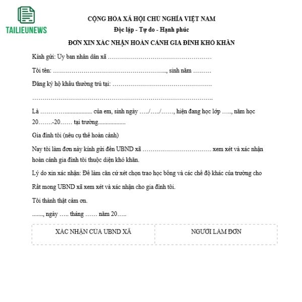 Tải Mẫu Đơn Xin Xác Nhận Hoàn Cảnh Khó Khăn Cho HSSV, Vay Vốn, Giảm Án don xin hoan canh kho khan 5