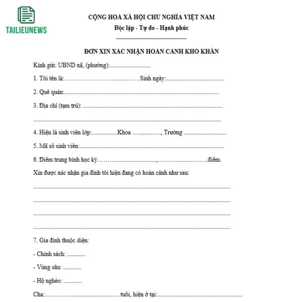 Tải Mẫu Đơn Xin Xác Nhận Hoàn Cảnh Khó Khăn Cho HSSV, Vay Vốn, Giảm Án don xin hoan canh kho khan 6