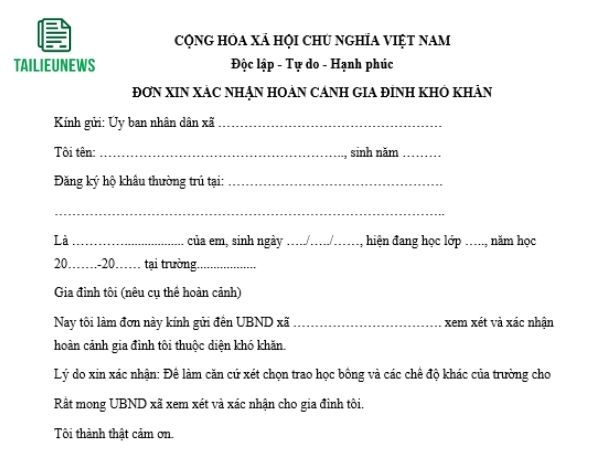 Tải Mẫu Đơn Xin Xác Nhận Hoàn Cảnh Khó Khăn Cho HSSV, Vay Vốn, Giảm Án đơn xin xác nhận hoàn cảnh khó khăn