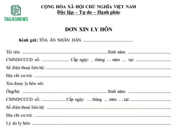 Tải Mẫu Đơn Xin Ly Hôn Đồng Tình/Đơn Phương Chuẩn Tòa Án đơn xin ly hôn