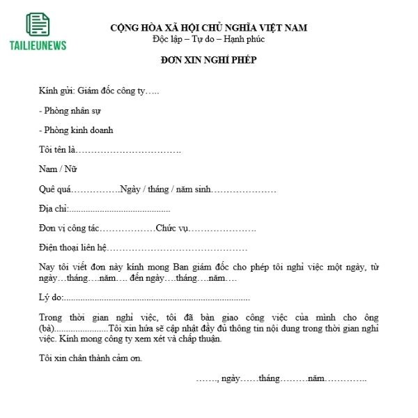 don xin nghi phep 1 ngay