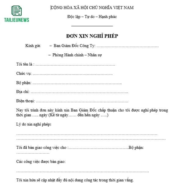 Tải Mẫu Đơn Xin Nghỉ Phép Công Ty, Giáo Viên, Cán Bộ, Không Lương don xin nghi phep 3
