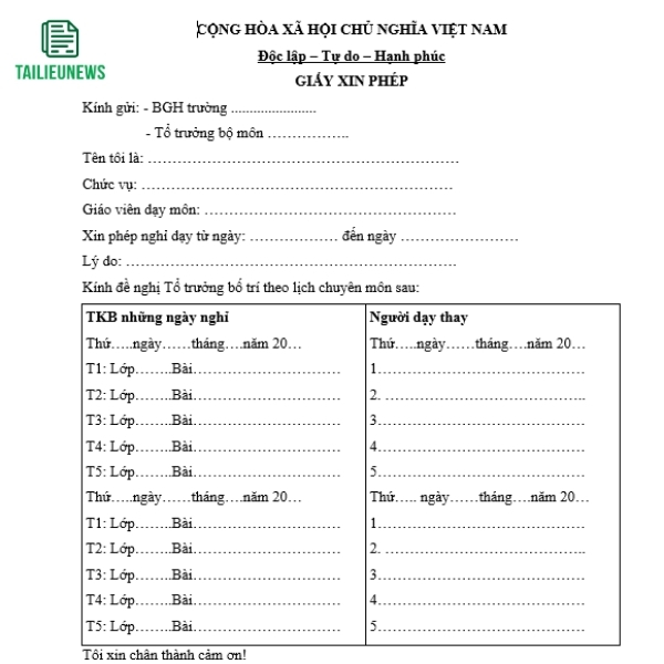 Tải Mẫu Đơn Xin Nghỉ Phép Công Ty, Giáo Viên, Cán Bộ, Không Lương don xin nghi phep 4