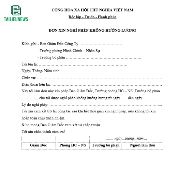Tải Mẫu Đơn Xin Nghỉ Phép Công Ty, Giáo Viên, Cán Bộ, Không Lương don xin nghi phep 5