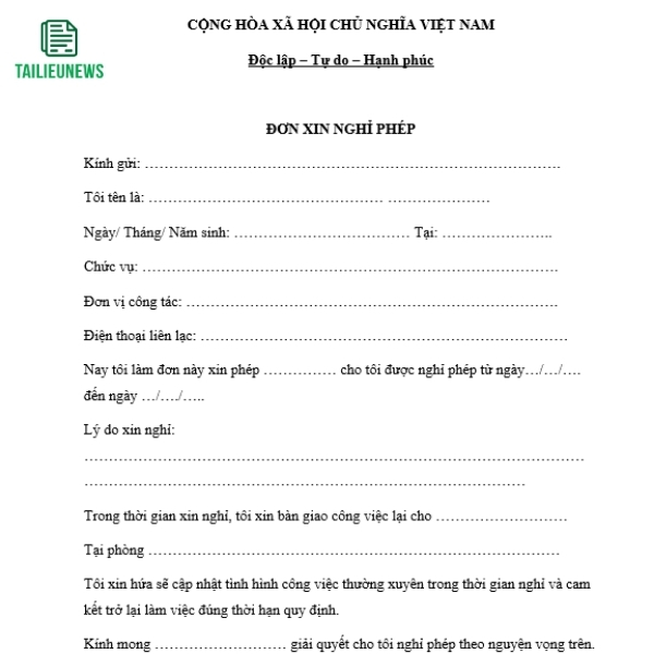 Tải Mẫu Đơn Xin Nghỉ Phép Công Ty, Giáo Viên, Cán Bộ, Không Lương don xin nghi phep 6