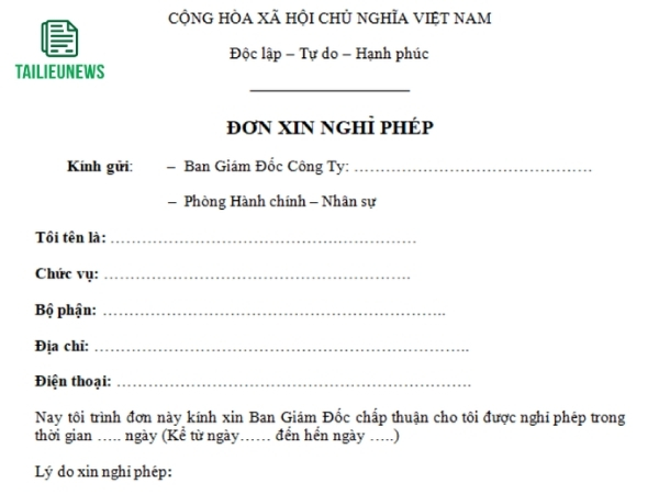 Tải Mẫu Đơn Xin Nghỉ Phép Công Ty, Giáo Viên, Cán Bộ, Không Lương đơn xin nghỉ phép