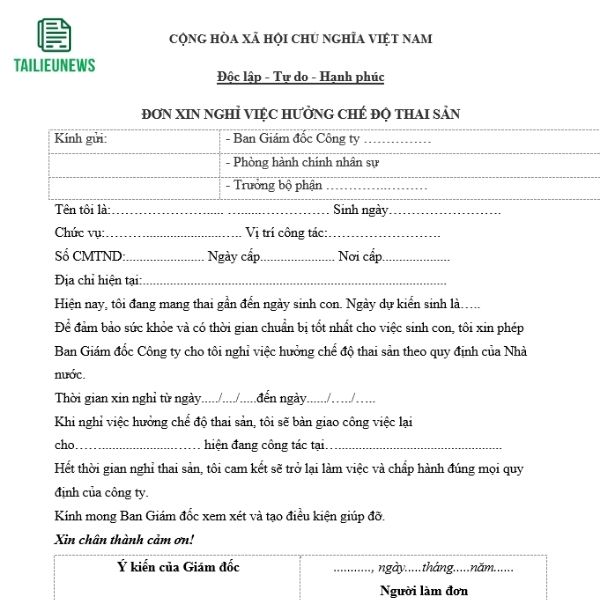 don xin nghi viec huong che do thai san