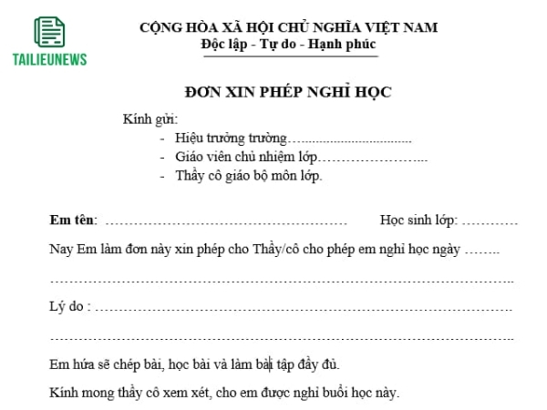 Tải Mẫu Đơn Xin Phép Nghỉ Học File Word Cho Học Sinh, Sinh Viên đơn xin phép nghỉ học
