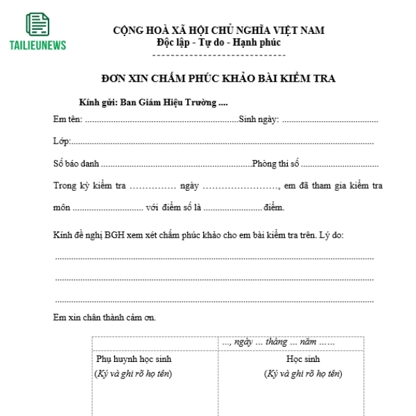 Tải Miễn Phí Mẫu Đơn Xin Phúc Khảo Bài Thi File Word Mới Nhất don xin phuc khao bai thi 2