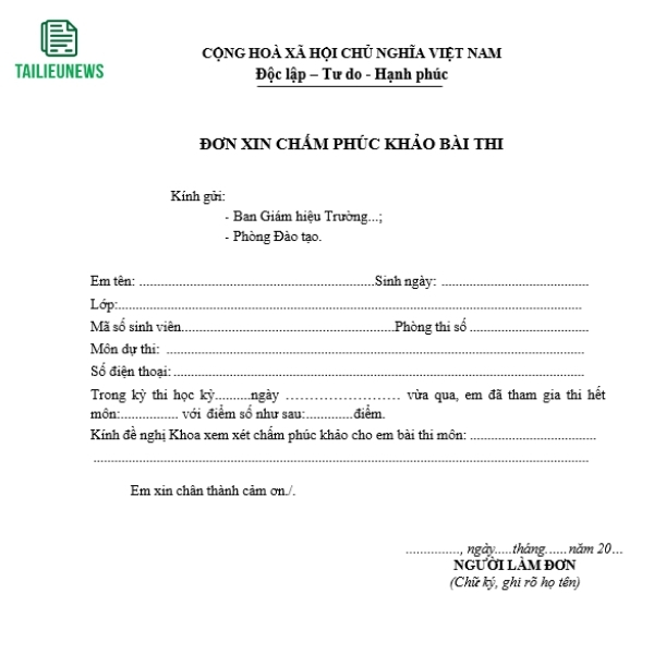Tải Miễn Phí Mẫu Đơn Xin Phúc Khảo Bài Thi File Word Mới Nhất don xin phuc khao bai thi 3