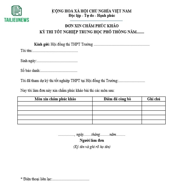Tải Miễn Phí Mẫu Đơn Xin Phúc Khảo Bài Thi File Word Mới Nhất don xin phuc khao bai thi 4