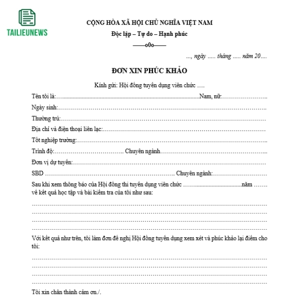 Tải Miễn Phí Mẫu Đơn Xin Phúc Khảo Bài Thi File Word Mới Nhất don xin phuc khao bai thi 5