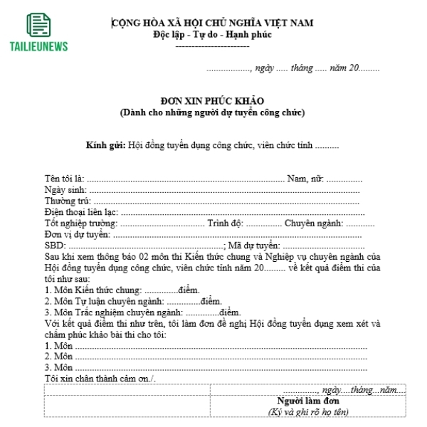 Tải Miễn Phí Mẫu Đơn Xin Phúc Khảo Bài Thi File Word Mới Nhất don xin phuc khao bai thi 6