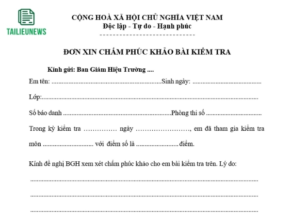 Tải Miễn Phí Mẫu Đơn Xin Phúc Khảo Bài Thi File Word Mới Nhất đơn xin phúc khảo