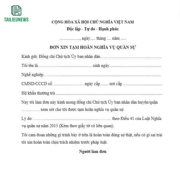 Tải Mẫu File Word Đơn Xin Tạm Hoãn Nghĩa Vụ Quân Sự Miễn Phí don xin tam hoan nvqs 3