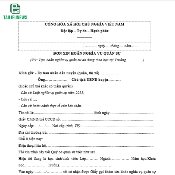 Tải Mẫu File Word Đơn Xin Tạm Hoãn Nghĩa Vụ Quân Sự Miễn Phí don xin tam hoan nvqs 4