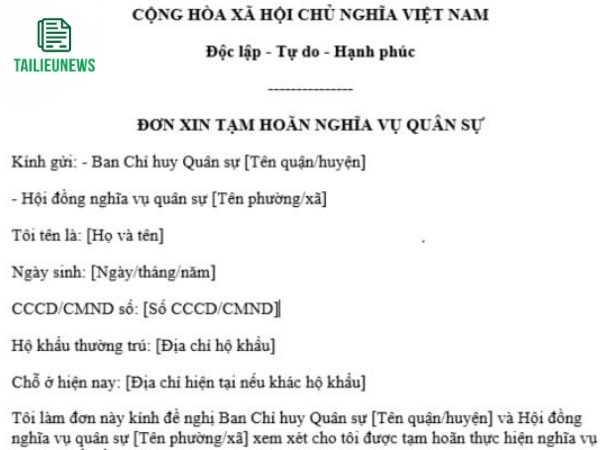 Tải Mẫu File Word Đơn Xin Tạm Hoãn Nghĩa Vụ Quân Sự Miễn Phí đơn xin tạm hoãn nghĩa vụ quân sự