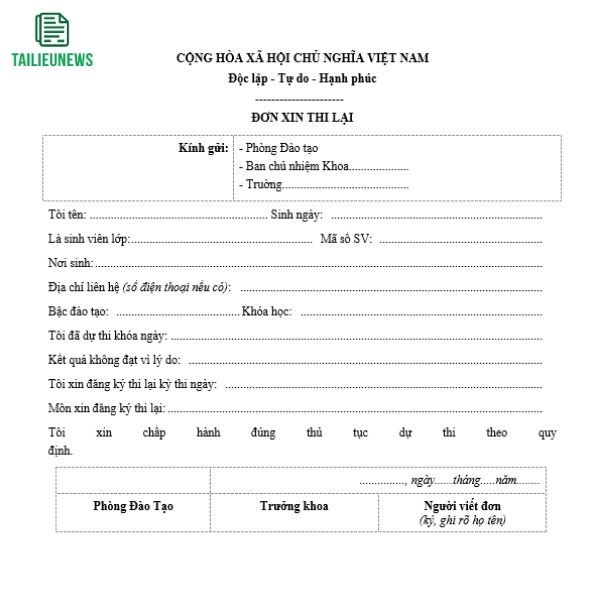 Tải Miễn Phí 2 Mẫu Đơn Xin Thi Lại Cho Học Sinh Sinh Viên Mới Nhất don xin thi lai 3