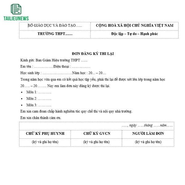 Tải Miễn Phí 2 Mẫu Đơn Xin Thi Lại Cho Học Sinh Sinh Viên Mới Nhất don xin thi lai 4