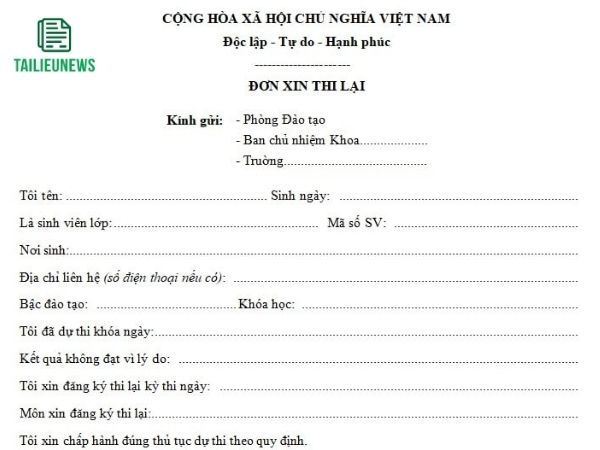 Tải Miễn Phí 2 Mẫu Đơn Xin Thi Lại Cho Học Sinh Sinh Viên Mới Nhất đơn xin thi lại
