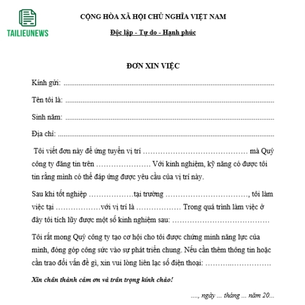 Tải Về Miễn Phí Mẫu Đơn Xin Việc Làm File Word Mới Nhất don xin viec 10