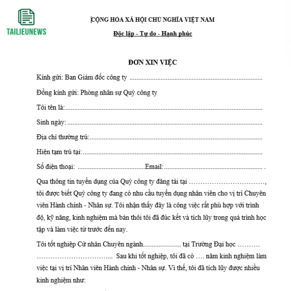 Tải Về Miễn Phí Mẫu Đơn Xin Việc Làm File Word Mới Nhất don xin viec 4
