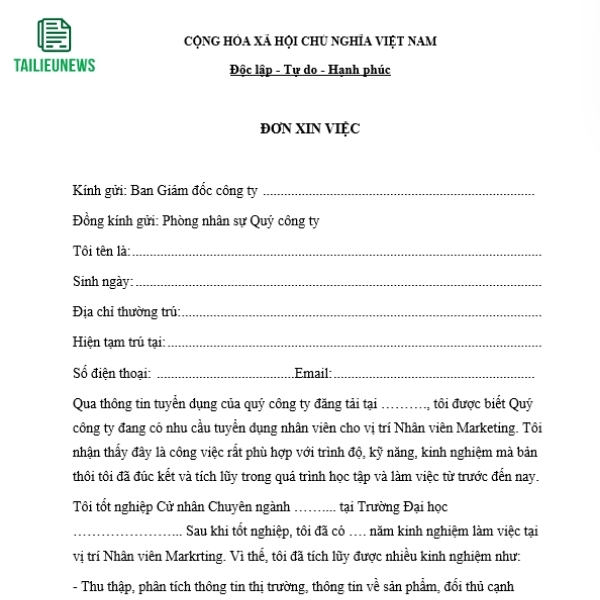 Tải Về Miễn Phí Mẫu Đơn Xin Việc Làm File Word Mới Nhất don xin viec 5