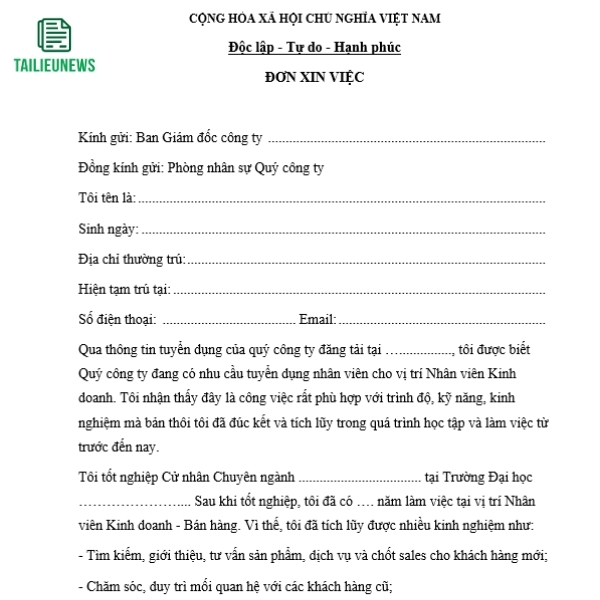 Tải Về Miễn Phí Mẫu Đơn Xin Việc Làm File Word Mới Nhất don xin viec 6