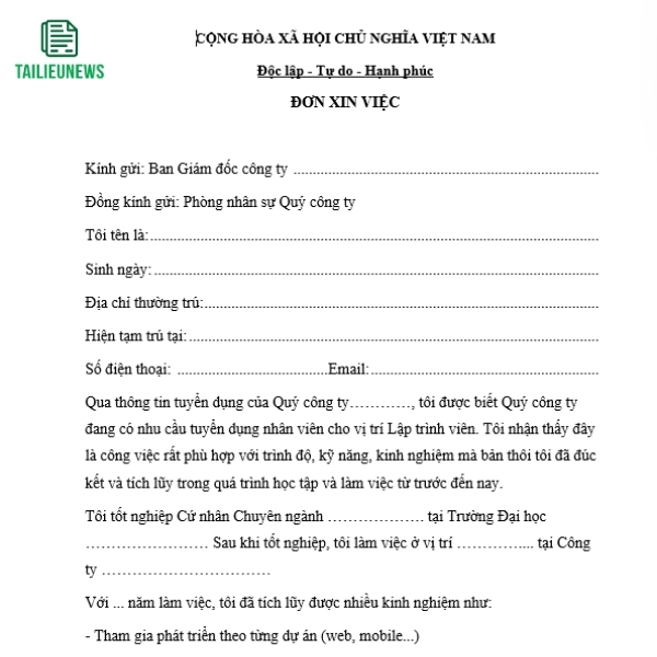 Tải Về Miễn Phí Mẫu Đơn Xin Việc Làm File Word Mới Nhất don xin viec 9