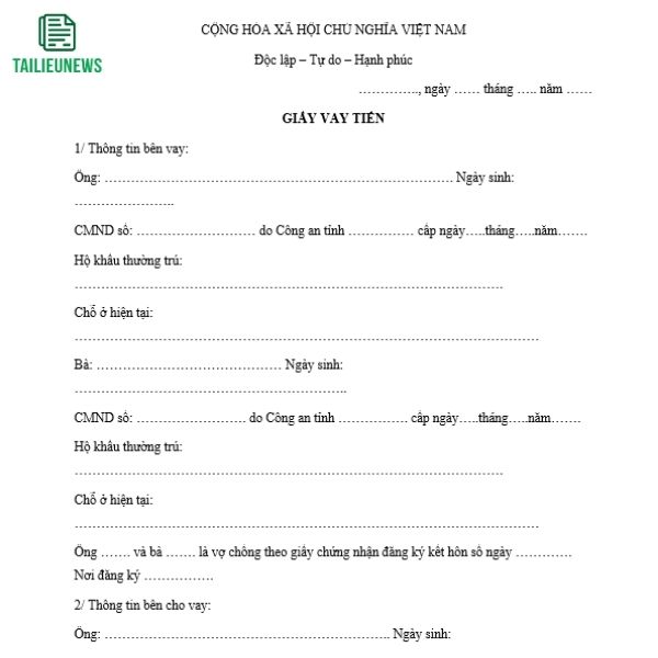 Tải Mẫu Giấy Vay Tiền File Word Cho Cá Nhân, Có Tài Sản Đảm Bảo giay cho vay tien 4