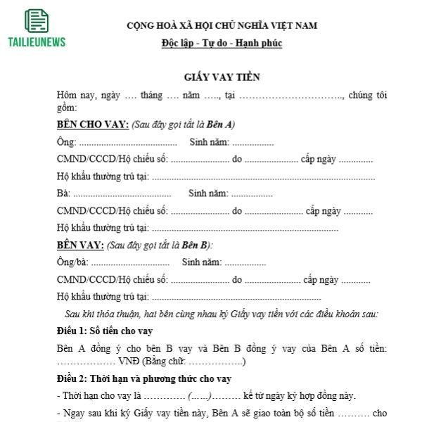 Tải Mẫu Giấy Vay Tiền File Word Cho Cá Nhân, Có Tài Sản Đảm Bảo giay cho vay tien 5