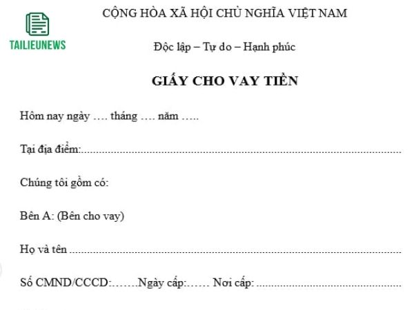 Tải Mẫu Giấy Vay Tiền File Word Cho Cá Nhân, Có Tài Sản Đảm Bảo giấy vay tiền